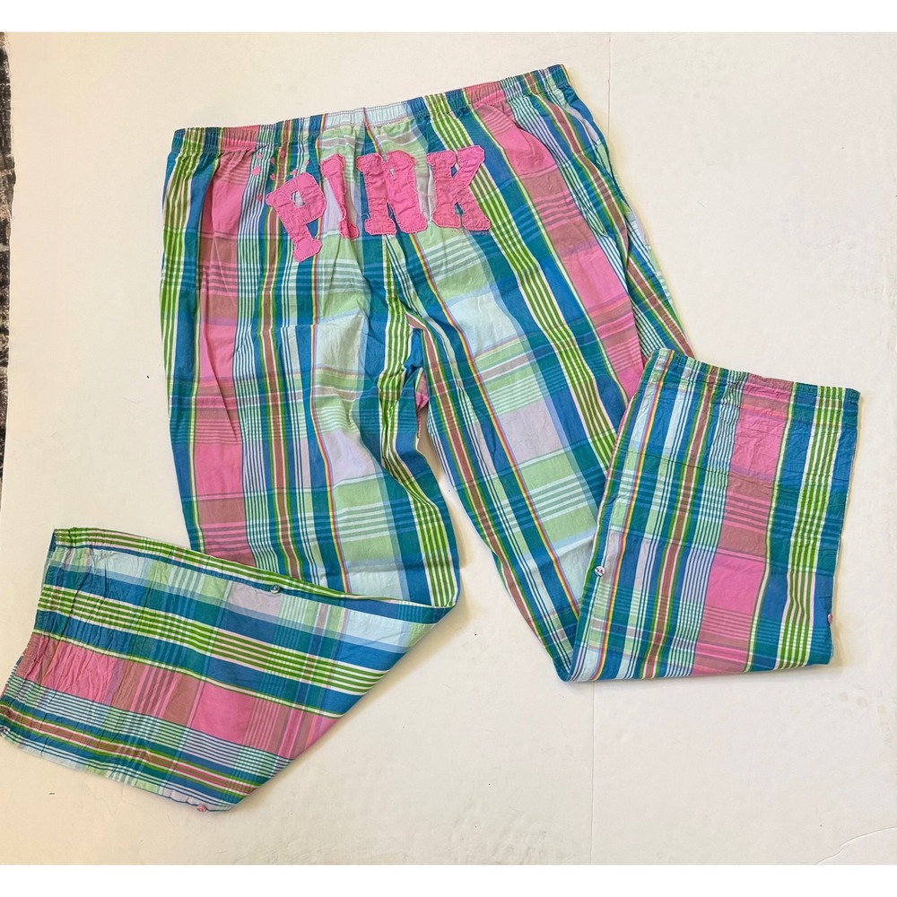 Victorias Secret PINK Plaid Pajama Pants Blue Pink Green Large Logo Size M